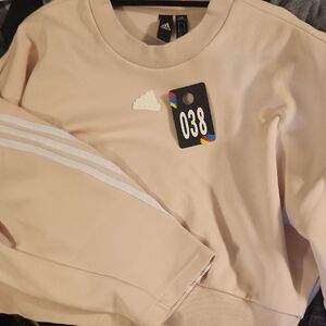 #38...Adidas Women's Pale Pink W/White Stripe Crew Neck Sweater ...Medium
